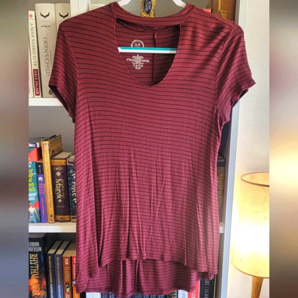 Brick Red Striped Top with Peep Neckline